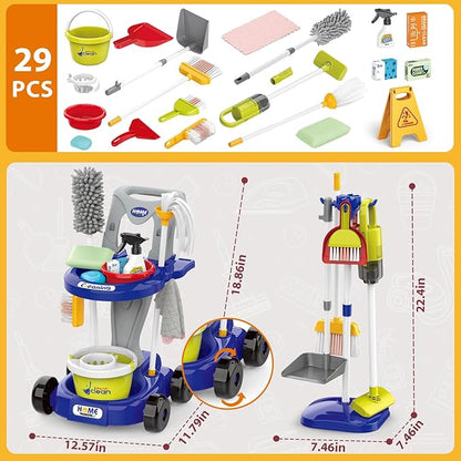 Kids Cleaning Set for Toddlers Pretend Play Housekeeping Supplies Kits with Real Working Vacuum Cleaner, Broom, Spray Bottle, Dust Pan and More Role Play Educational Toys for Toddler Boys Girls (Blue)