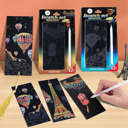 Georgie Porgy Scratch Paper Art Set for Kids Adults Magic Rainbow Scratchboards for DIY Arts and Crafts Kits Christmas Birthday Gift with Scratching Tools Kit (Bookmarks-Famous Scenery+Ancient Style)