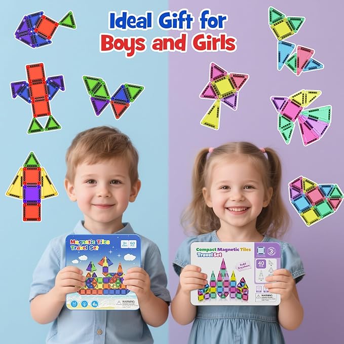 60PCS Mini Magnetic Tiles Travel Set with Metal Storage Box, Magnetic Blocks Kids Toy 3D Clear Magnetictiles Road Trip ‌Essentials Montessori Preschool Classroom Must Haves Xmars Gift for Age 3+