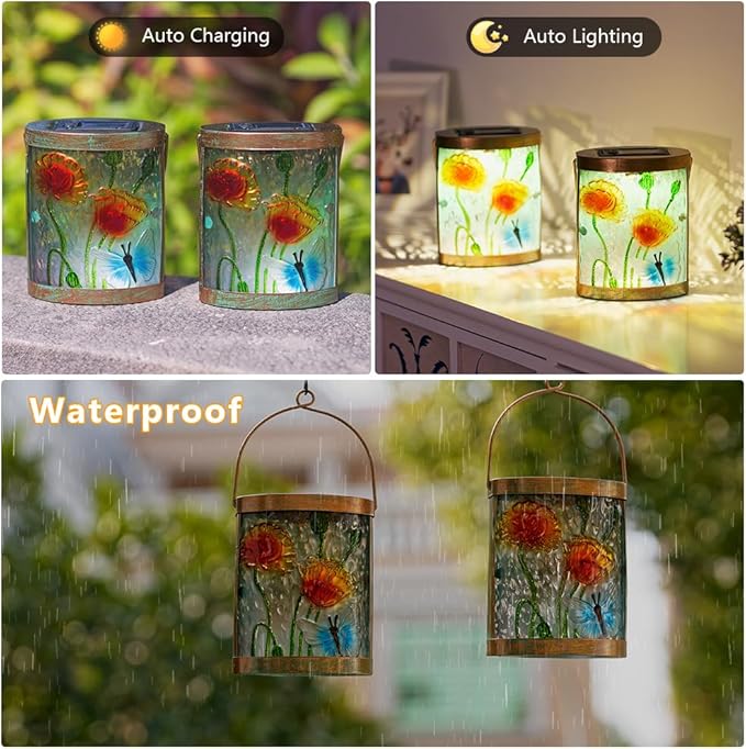 Starsoul 2 Pack Hanging Solar Lantern Outdoor Waterproof Glass Butterfly and Flowers Decorative Solar Lights for Outside Garden Yard Table Patio Decor