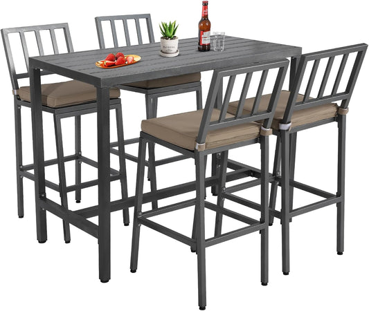 Outdoor Patio Bar Set, Bar Height Patio Dining Set, Weather-Resistant Bistro Counter Pub Set with Cushions & Slatted Tabletop for Backyard (Gray, 47" Wide Table, 4 "I Style Stool)