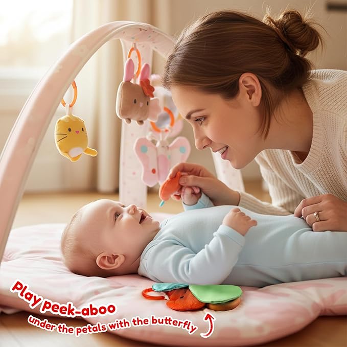 Baby Play Gym & Activity Mat with Light-up Musical Arch, Tummy Time Mat with 6 Detachable Sensory Toys for Motor Skills & Sensory Development, Baby Essentials Shower Gift - Spring Blossoms Themed