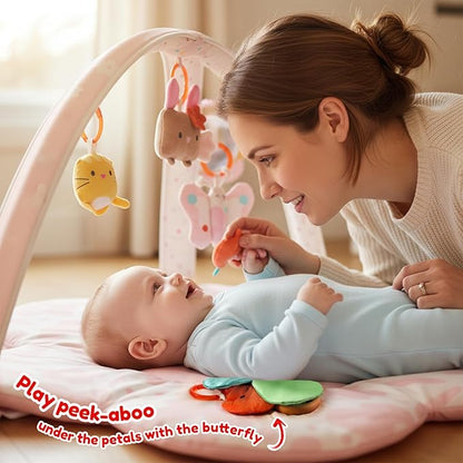 Baby Play Gym & Activity Mat with Light-up Musical Arch, Tummy Time Mat with 6 Detachable Sensory Toys for Motor Skills & Sensory Development, Baby Essentials Shower Gift - Spring Blossoms Themed