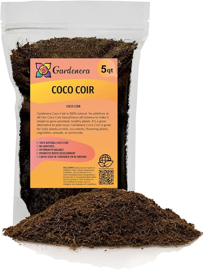 Premium Organic Coconut Coir Mix for Home Gardening - All Natural Soil Amendment - PH Balanced and Double Washed Coco Coir by Gardenera (5 Quart Bag)