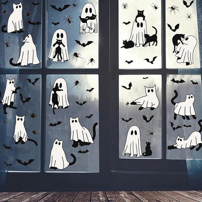 6 Sheets Halloween Window Clings Ghost Window Stickers Halloween Cute Black Cat Bat Designs Double-Side Glass Decals for Home Office Party Favor Windows Glass Decoration Supplies