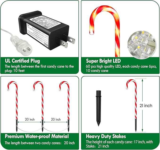 WeGuard 10PK Christmas Candy Cane Pathway Lights Outdoor Decorations 21" 8 Lighting Modes Flashing Waterproof Outdoor Lighted Christmas Decor for Garden Yard (Red)