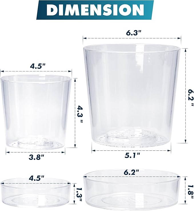 Phoenix Vine 6.5 Inch 4.5 Inch Clear Acrylic Houseplants Planter Pot with Tray, Orchid Pot with Drainage Holes, Deep Saucer for Bottom Watering, Modern Transparent Containers for Indoor Plants, Herbs,