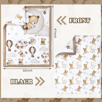 3 Pcs Baby Crib Bedding Set Safari Animals Dinosaurs Bear Woodland Animals Jungle Crib Set Includes Quilt, Fitted Sheet, Skirt for Baby Boy Girl(Brown,Teddy Bear)