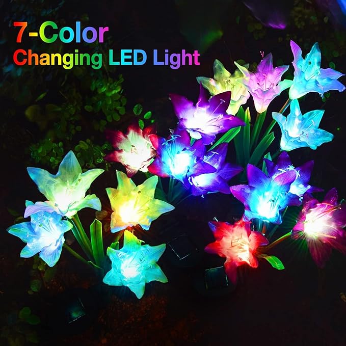 KOOPER Solar Lights, 4 Pack Lily Flower Lights, Waterproof 7 Color Changing - Bigger Solar Panel for Outdoor Patio Yard Garden Decoration