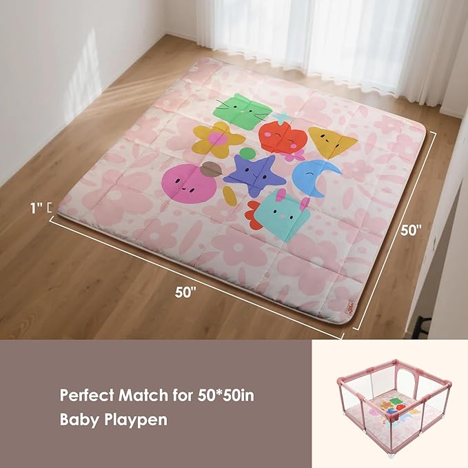 Baby Play Mat, Foldable Play Mats for Floor, 50x50 Inches Crawling Mat for Playpen with Anti-Slip Bottom, Machine Washable, Thicken Padding Foam Playmats for Babies and Toddlers (Pink Floral)