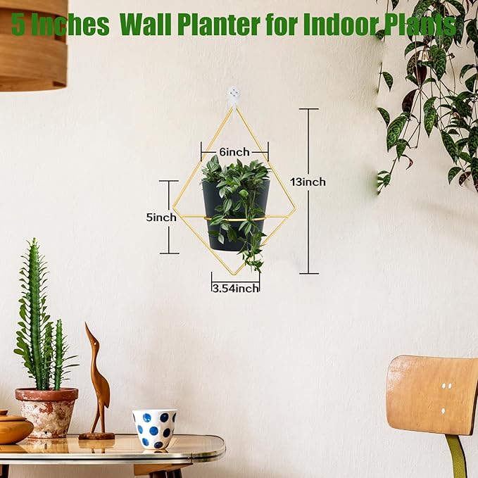 3 Sets of Wall Planters for Indoor Plants, Hanging Wall Planter with Gold Metal Holder, Geometric Self Watering Wall Flower Pots, Wall Mounted Succulent Planter, 5" Black Plant Pot