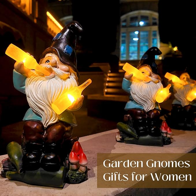 DKJOCKY Funny Garden Gnomes Outdoor, Solar Gnomes with Led Lights Decor for Outside, Gardening Gifts Garden Oranments Outdoor Birthday Gifts for Women Mom Grandma