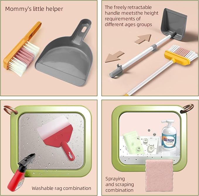 Kids Cleaning Set for Toddlers, Detachable 20 Pcs Pretend Play Set, Educational Toddler Cleaning Carts Includes Real Working Vacuum Cleaner, Broom, Spray Bottle and More(Green)