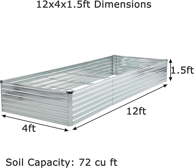 12x4x1.5ft Galvanized Raised Garden Bed,Outdoor Planter Box Metal Patio Kit Planting Bed for Vegetables Flowers Herb,Silver