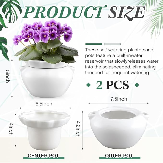 2 Set 7.5 Inches African Violet Pots Self Watering White Ceramic Pot for Indoor Plants, Flowerpot with Highly Absorbent Inner Pot for Busy Plant Lovers, Plant Care
