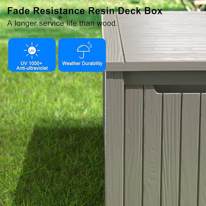 150 Gallon Deck Box,Resin Outdoor Storage Box with Lockable for Patio Furniture, Pool Accessories, Garden Tools Waterproof Outside Storage Box, Grey