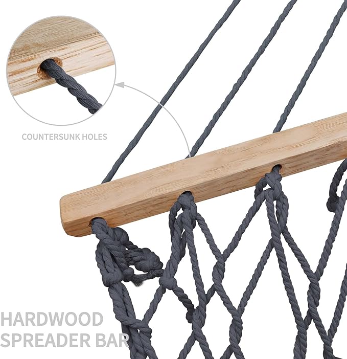 13FT Hammocks, Traditional Hand Woven Cotton Rope Hammock with Free Extension Chains for Outdoor Indoor Patio Yard 450 LSB Capacity for Two Person (Dark Grey)