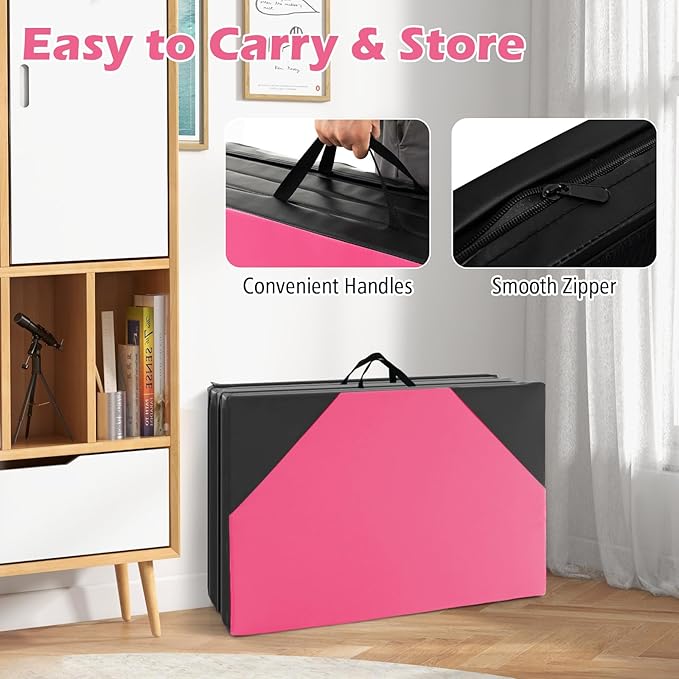 Giantex 4'x10'x 2" Gymnastics Mat, 4-Panel Folding Aerobics Exercise Mat w/Hook & Loop Fastener, Carrying Handle, Portable Tumbling Mat for Stretching Yoga Cheerleading Martial Arts