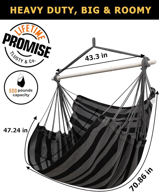 ADVOKAIR Hammock Chair Hanging Chair Rope Swing XXL - Max 500lbs, 70in Large Hammock Swing Chair -Portable Steel Spreader Bar with Anti-Slip Rings-Roomy & Strong