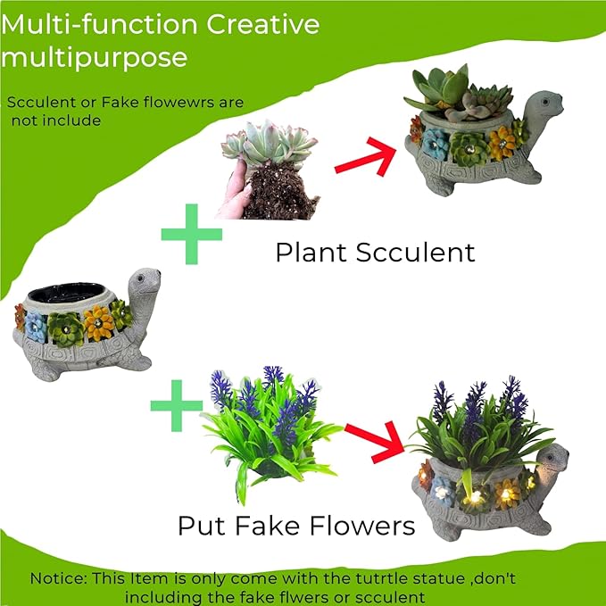 GUCHO Solar Garden Outdoor Statues Turtle with 5 Led Lights (Not Include Real Succulent),Lawn Decor Tortoise Statue for Patio, Balcony,Yard,Garden Decorations,Unique Gifts for Women Men