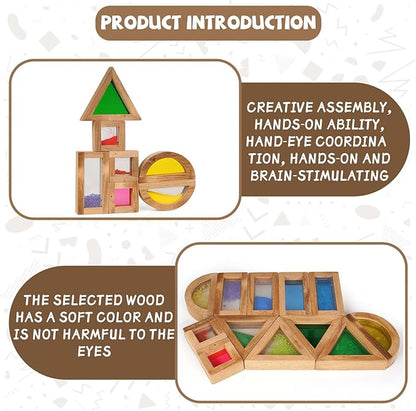 AXEARTE Large Rainbow Sensory Toys Wooden Building Blocks for Toddlers Baby Kids, 16 Pcs Colorful Geometry Stacking Construction Toy Set, Preschool Educational Toy for Boys & Girls
