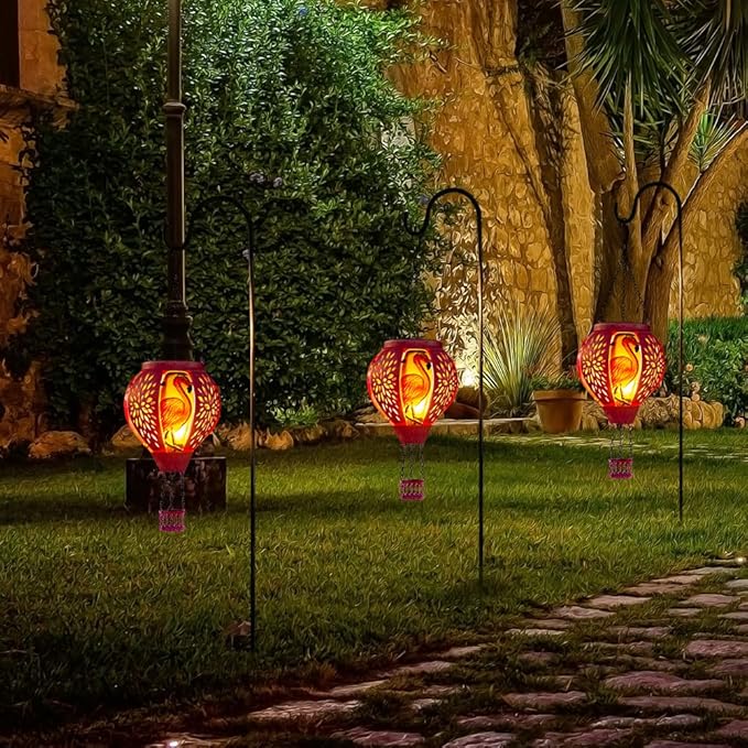 Starsoul Pink Hot Air Balloon Solar Lantern Flamingo Metal & Glass Solar Hot Air Balloon Hanging Garden Light Waterproof Outdoor Lantern for Patio Yard Party Decor