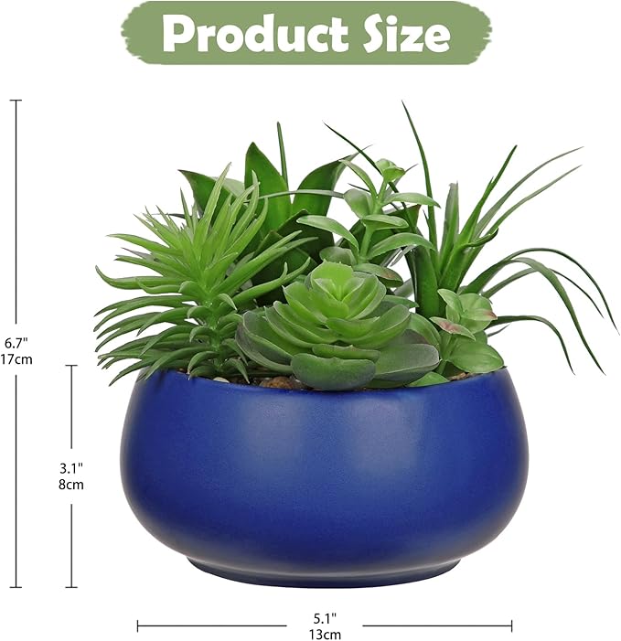 Fake Plants Artificial Succulents in Pots Faux Succulent Arrangement Potted Plant in Blue Ceramic Planter Bowl for Home Decor Office Desk Bathroom Shelf Living Room Indoor Decorations