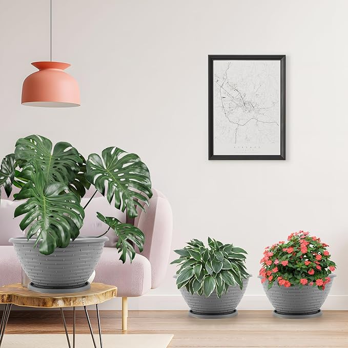 Quarut Large-Planter-Indoor-Outdoor Plant Pots, 12 inch 4 Pack Flower Pots with Saucer and Drainage Holes, Modern Planters for Planting Medium Large Plants,Decorative Resin Garden Pots(Grey)