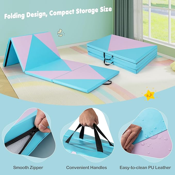 Giantex 4'x10'x 2" Gymnastics Mat, 4-Panel Folding Aerobics Exercise Mat w/Hook & Loop Fastener, Carrying Handle, Portable Tumbling Mat for Stretching Yoga Cheerleading Martial Arts