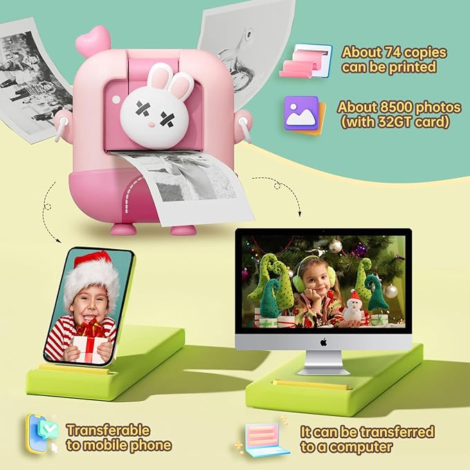 Kids Camera Instant Print with Cartoon Silicone Cover, Digital Mini Camera for 3 4 5 6 7 8 9 10 11 12 Year Old Boys Girls Birthday Chirstmas Toys Gifts - Personal Video Players (Bunny Pink)