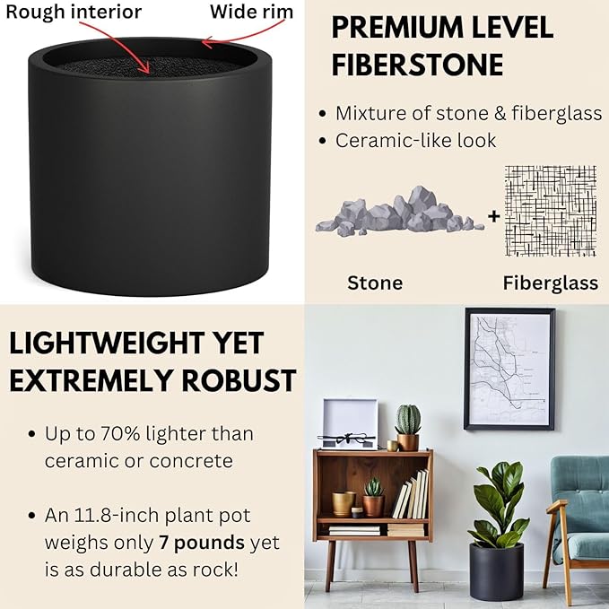 Fox & Fern Large 12 Inch Black Plant Pot — Premium Lightweight Fiberstone Matte Black Planter w Drainage Plug; Large Indoor & Outdoor Planter; 12 Inch Pots for Plants; Weather Resistant & UV Resistant