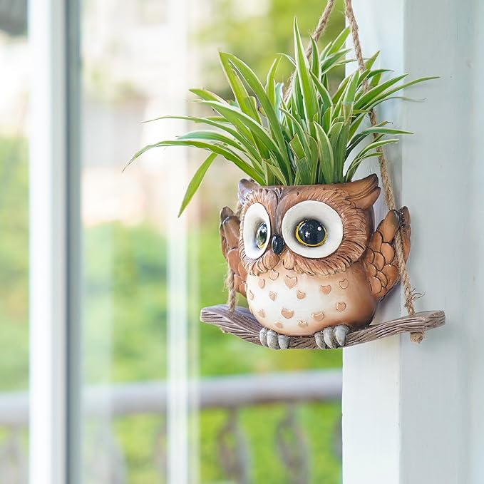 Swing Owl Hanging Planters for Indoor Plants, Cute Small Succulent Pots with Drainage Hole, Unique Resin Plant Hangers Outdoor, Hanging Plant Holder for String Of Pearls, Gift Ideas for Mother