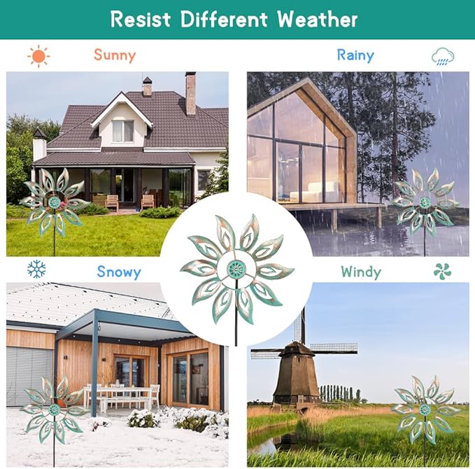 VEWOGARDEN Metal Flower Wind Spinners Outdoor, Garden Kinetic Wind Sculptures & Spinners for Yard Lawn Patio Decorations, Light Green