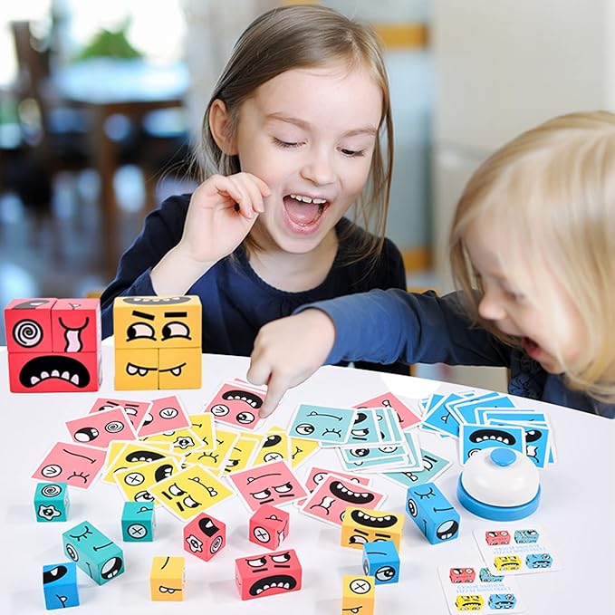 Wooden Face Changing Magic Cube Building Blocks Game Matching Expression Puzzle Toy Board Games for Family Night, Match Puzzles Geometric Educational Toys for Kids and Adults