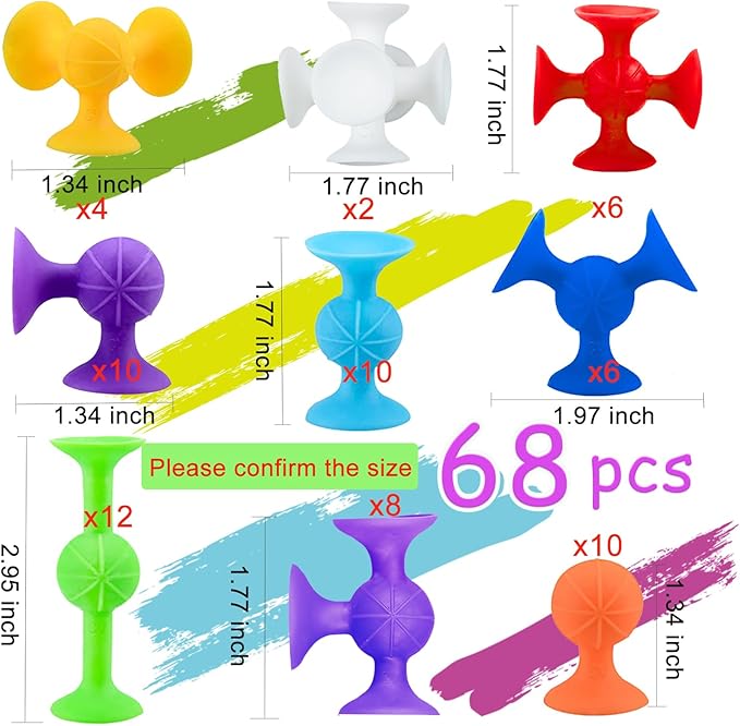 68 Piece Suction Cup Bath Construction Set - Silicone Building Blocks DIY Sucker Bathub Toys, Sensory Toy for Toddlers 3-8 Year Old Boys and Girls
