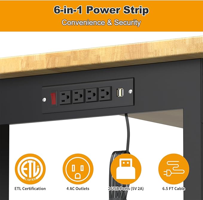 60"x24" Adjustable Workbench with Wheels, Solid Wood Top Work Bench, 2000 LBS Heavy-Duty Worktable with Power Outlets, Portable Work Station for Repair Shop, Workshop, Office