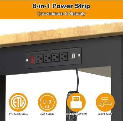 60"x24" Adjustable Workbench with Wheels, Solid Wood Top Work Bench, 2000 LBS Heavy-Duty Worktable with Power Outlets, Portable Work Station for Repair Shop, Workshop, Office