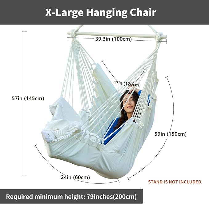Hanging Hammock Chair Swing MAX 500 lbs Outdoor Hanging Chair with Footrest Indoor Swing Chair with Portable Steel Spreader Bar and Hardware Kit for Bedroom Living Room Patio Porch - White