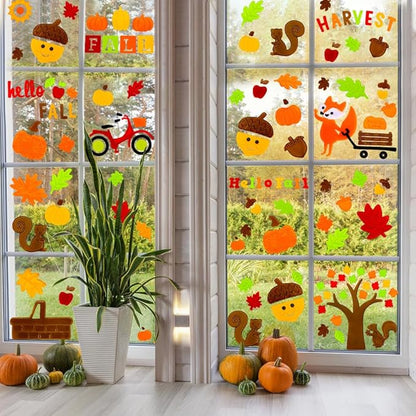XIMISHOP 6sheet Fall Gel Window Clings, Maple Leaf Harvest Pumpkin Fox Thanksgiving Gel Window Stickers Decoration Decals for Halloween Window Decor
