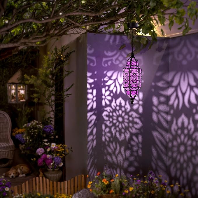 Twinkya Hanging Solar Lights Outdoor Garden Decorative Solar Lantern Waterproof Metal Moroccan Outdoor Decorations for Patio Pathway Yard Porch Backyard Garden Decor (Purple, 1 Pack)