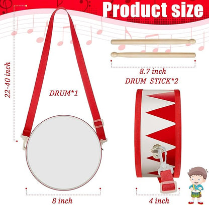 Kids Drum Set 8 Inch Wooden Toy Drum with Adjustable Strap 2 Drumsticks Educational Sensory Musical Instrument Toy Set for Toddlers Kid Baby Boys Girls Gift(Red Triangle Style)