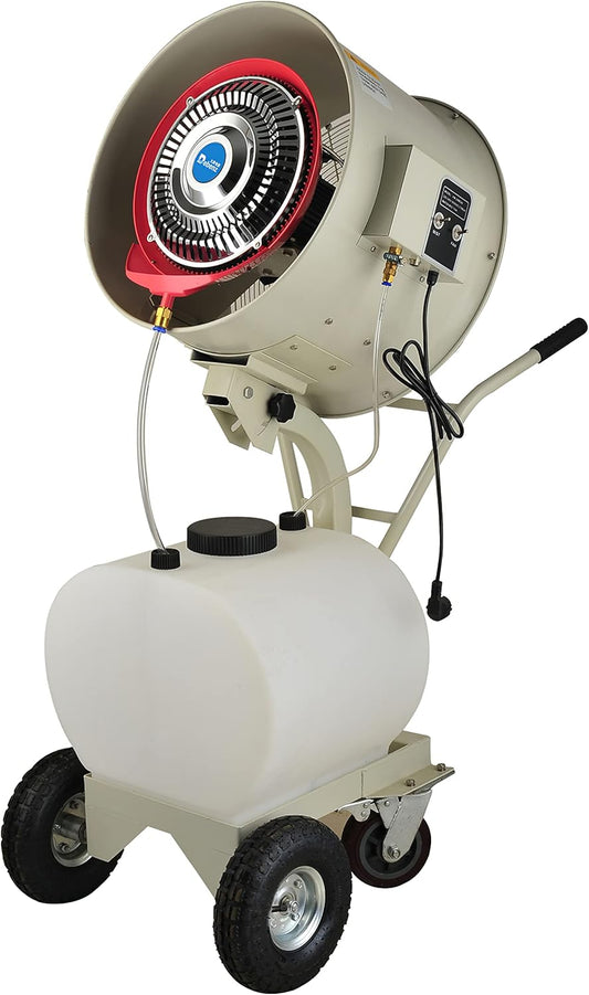 "Commercial Outdoor Mist Cooling Fan - Ideal for Stores, Carnivals, Stadiums, Yards - 55L Water Tank, 12-Hour Continuous Operation, Connects to Water Supply, Cools 1400 sq ft" (110V-550W-20inch)