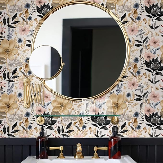 White/Pink/Gold Floral Garden Black Blue Flowers Vintage Peel and Stick Wallpaper Self Adhesive Removable Easy Peel Off Contact Paper Stick on Wall Paper for Bedroom Cabinet Renter Friendly