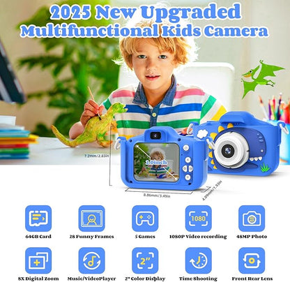 Kids Camera Toys for 3-8 Year Old Girls Boys, 48MP Dual Lens 1080P Toddler Camera for Kids with 64GB SD Card, Kids Digital Video Camcorder Selfie Camera Christmas Birthday Gifts