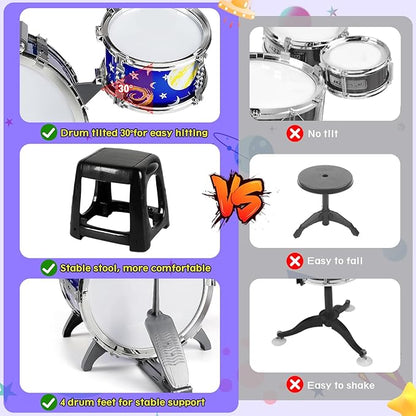 M SANMERSEN Upgraded Kids Jazz Drum Set Toddler Toy Drum Set with Stool, Plastic Rock Jazz Drum Kit Musical Toys Gift for Boys Girls 1-3 3-5