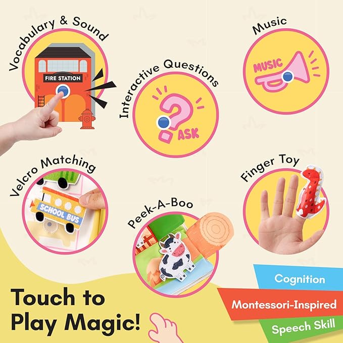 Giant bean Busy Book for Toddlers 1-3, Busy Board Montessori Toys with Sound Panel for 1 2 3 4 5 Year Old, Activity Book Preschool Learning Toys Quiet Books, Birthday Gift, Travel Toy for Airplane Car