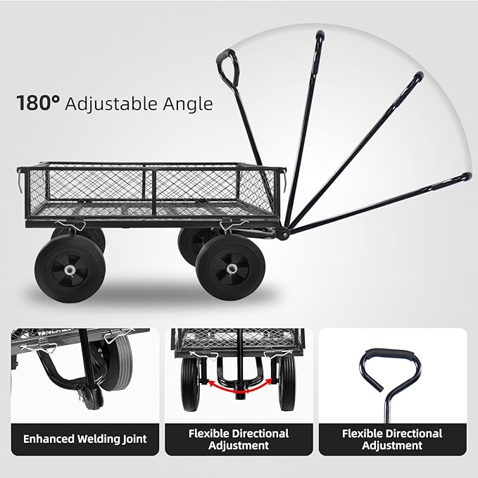 Heavy Duty 480 Lbs Capacity Mesh Steel Garden Cart Folding Utility Wagon with Removable Sides (Black)