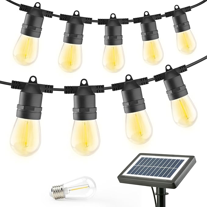 Solar String Lights Outdoor: 48FT 20*S14 3W Ultra-Long Battery Life Edison Bulbs Solar Powered Outside IP65 Waterproof Hanging Warm White Led Lights for Patio Garden Pool Yard Porch Gazebo