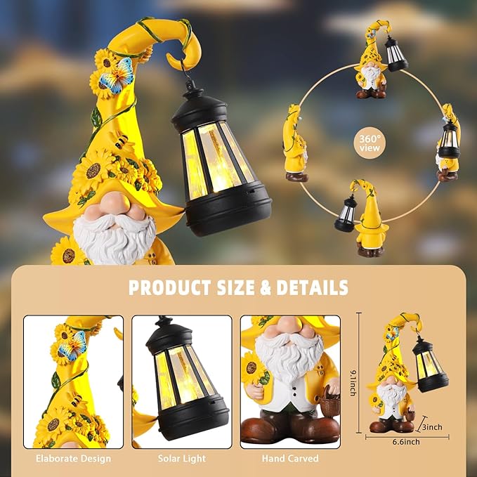 Solar Garden Decor - Sunflower Gnome Statue with Lantern 9.1" Garden Gnomes Outdoor Funny Solar Statues Yard Porch Lawn Patio Decor Gardening Gift for Women Mom Grandma Wife Girlfriend