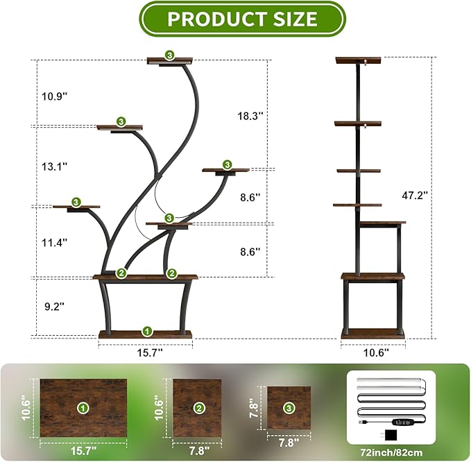 Plant Stand Indoor with Grow Lights - 7 Tiered Corner Shelf, 47" Tall Flower Stands for Indoor Plants, Display Holder for Home, Living Room, Patio Decor, Black